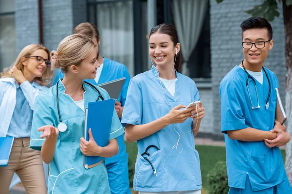 Happy Multicultural Students Talking While Walking Street Medical University — Stock Photo, Image