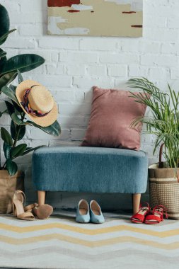 koridor evde koltukta yakınındaki halı üzerinde farklı ayakkabı