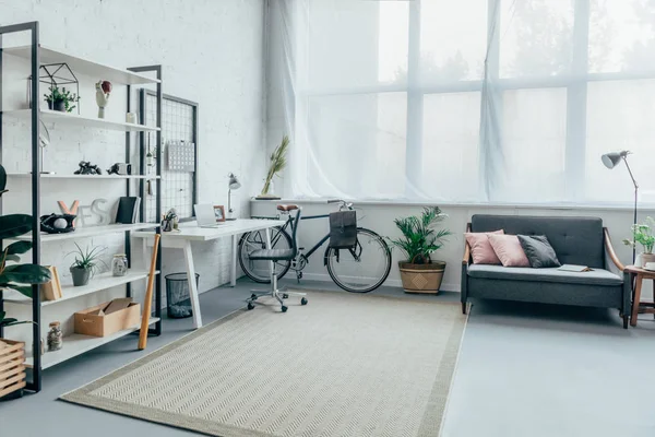 Interior Living Room Bicycle Table Shelves Sofa — Stock Photo, Image