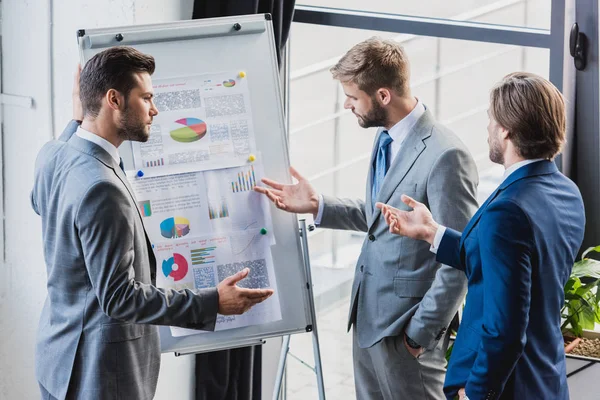 Hombre Negocios Serio Pie Cerca Pizarra Blanca Con Gráficos Negocios — Foto de Stock