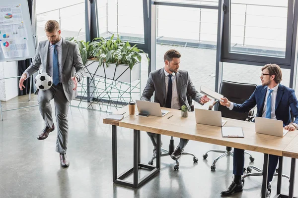 High Angle View Young Businessman Playing Soccer Ball While Colleagues — Stock Photo, Image