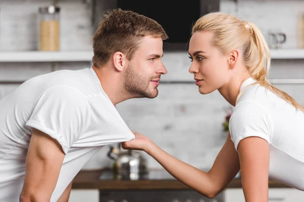 Side View Passionate Young Woman Holding Shirt Handsome Smiling Boyfriend — Stock Photo, Image