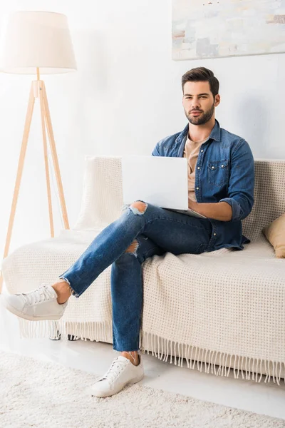 Smiling Male Freelancer Working Laptop Couch Home — Free Stock Photo