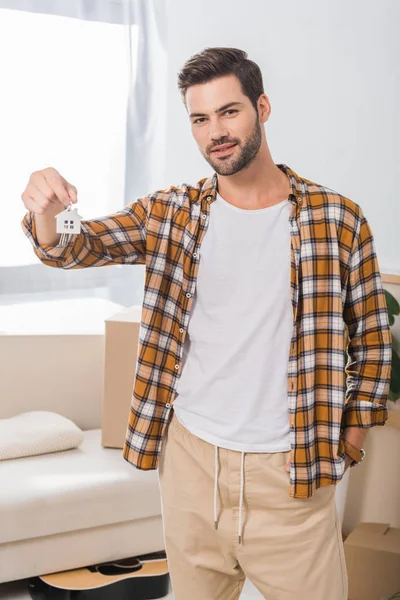 Portrait Young Man Showing Keys New House Hand — Stock Photo, Image