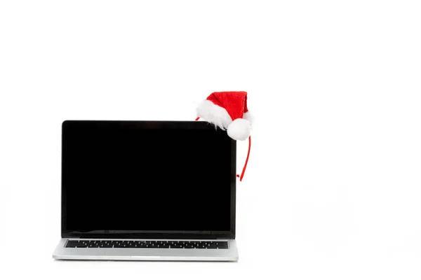Chapéu Natal Laptop Com Tela Branco Isolado Fundo Branco — Fotografia de Stock