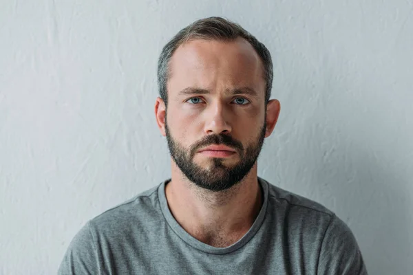 Portrait Unhappy Bearded Man Looking Camera Grey — Stock Photo, Image