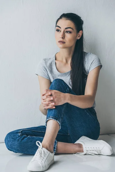 Full Length View Depressive Attractive Brunette Girl Sitting Looking Away — Stock Photo, Image