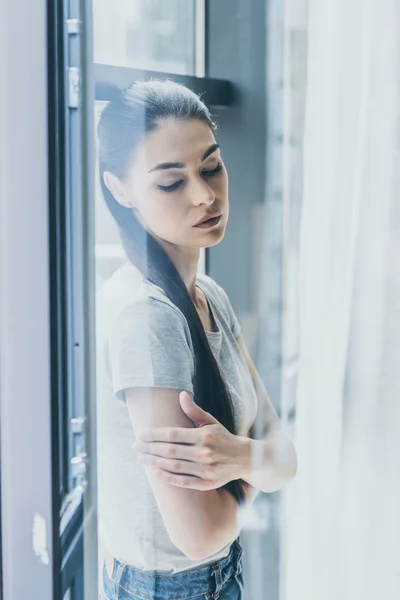 Upset Young Woman Crossed Arms Leaning Window — Stock Photo, Image