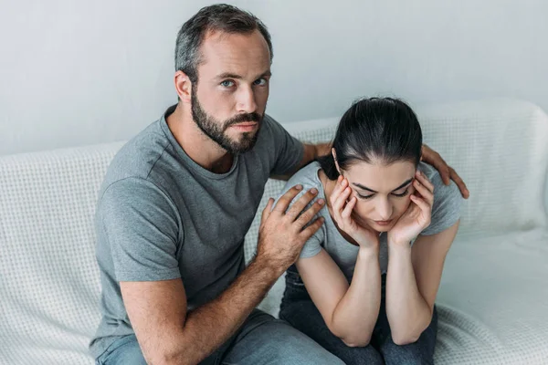 High Angle View Bearded Man Supporting Upset Girlfriend Looking Camera — Stock Photo, Image