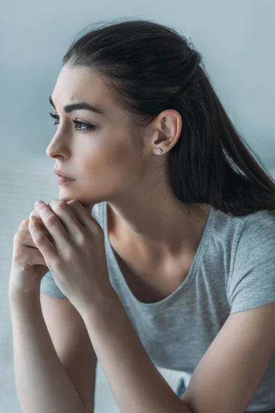 Portrait Sad Frustrated Young Woman Depression Sitting Looking Away — Stock Photo, Image