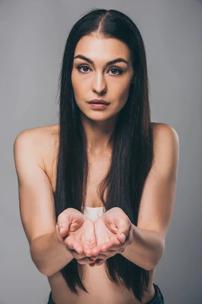 Young Brunette Woman Holding Fallen Hair Hands Looking Camera Isolated — Stock Photo, Image