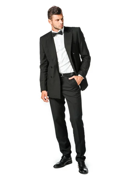 Handsome Young Man Black Suit Looking Away Isolated White — Stock Photo, Image