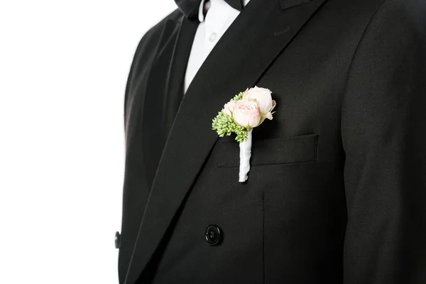 Tiro Cortado Noivo Terno Elegante Com Belo Boutonniere Isolado Branco — Fotografia de Stock