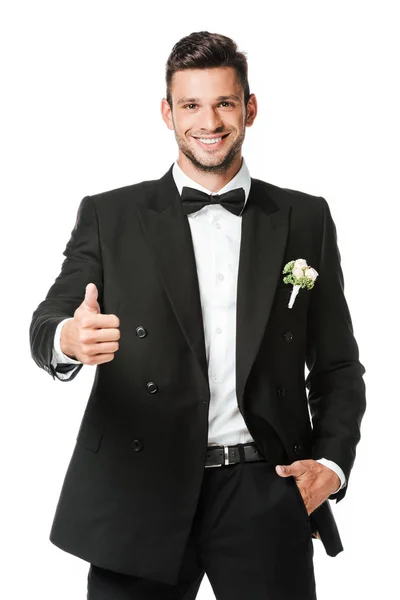 Happy Young Groom Showing Thumb Camera Isolated White — Stock Photo, Image