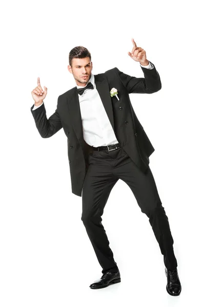 Handsome Dancing Young Groom Pointing Isolated White — Stock Photo, Image