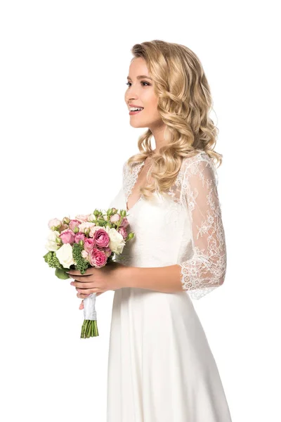 Happy Bride Holding Bouquet Looking Away Isolated White — Stock Photo, Image