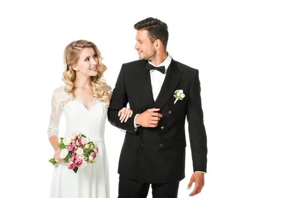 Happy Young Bride Groom Walking Together Looking Each Other Isolated — Stock Photo, Image