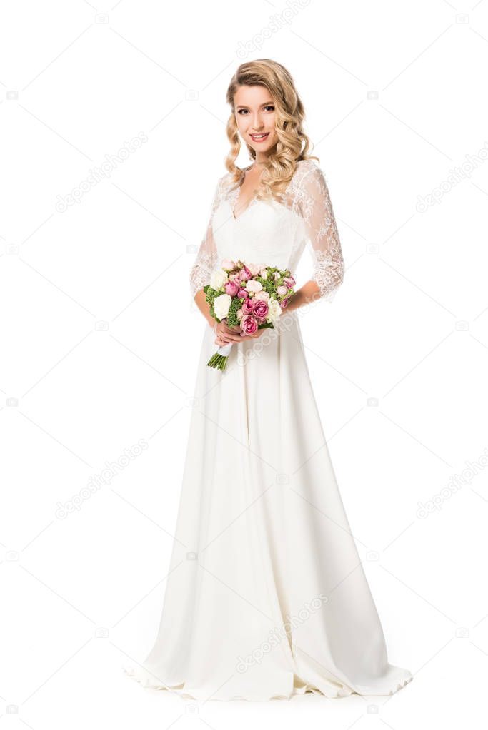 young bride with bouquet looking at camera isolated on white