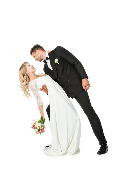 Schöne Junge Braut Und Bräutigam Isoliert Auf Weiß — Stockfoto