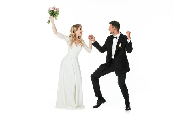 Beautiful Young Bride Groom Dancing Looking Each Other Isolated White — Stock Photo, Image