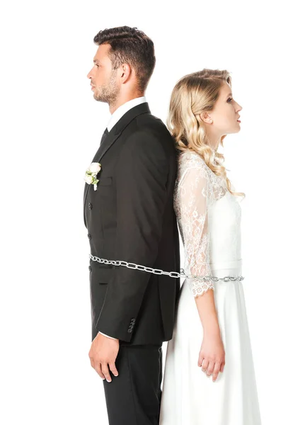 Young Newlyweds Tied Chain Back Back Isolated White — Free Stock Photo