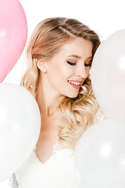 Smiling Young Bride Surrounded White Pink Balloons Isolated White — Stock Photo, Image