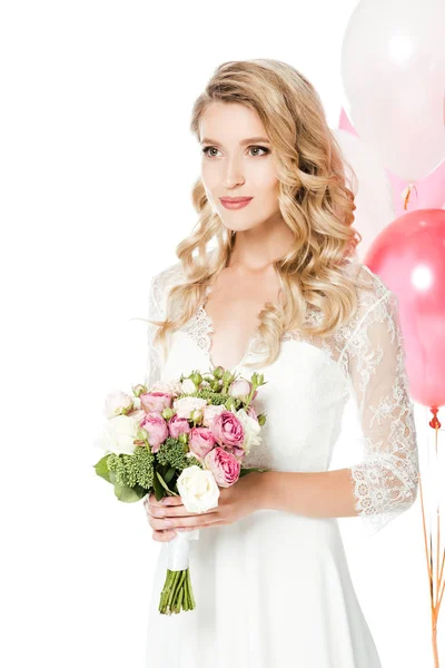 Beautiful Young Bride Bridal Bouquet Air Balloons Isolated White — Stock Photo, Image