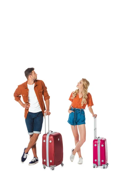 Young Couple Luggage Looking Isolated White — Stock Photo, Image