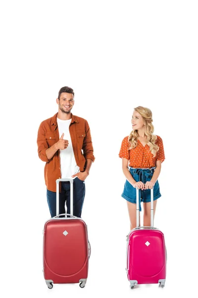 Happy Young Couple Suitcases Isolated White — Stock Photo, Image