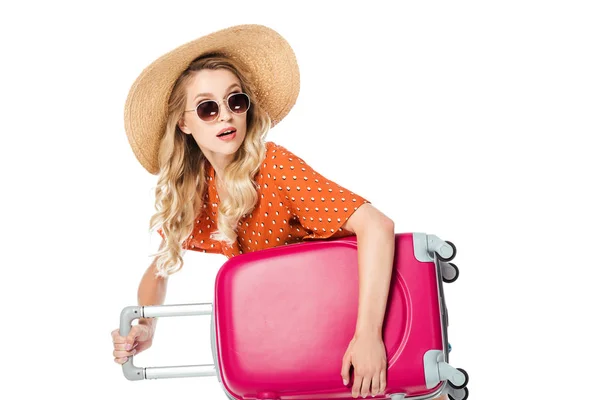 Beautiful Surprised Girl Straw Hat Walking Travel Bag Isolated White — Stock Photo, Image