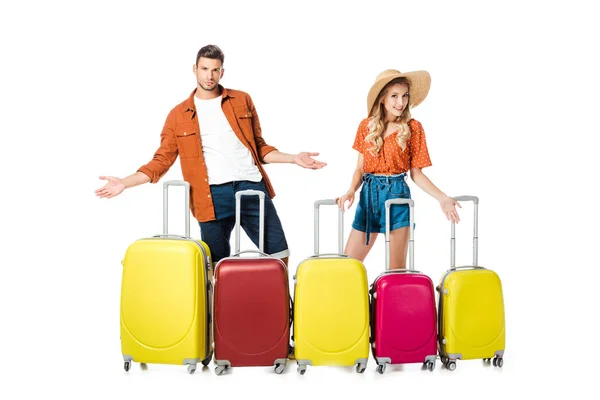 Newlywed Couple Arranged Suitcases Isolated White — Free Stock Photo