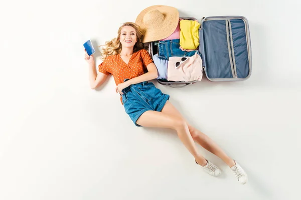 Overhead View Young Smiling Woman Passport Ticket Hand Lying Suitcase — Stock Photo, Image