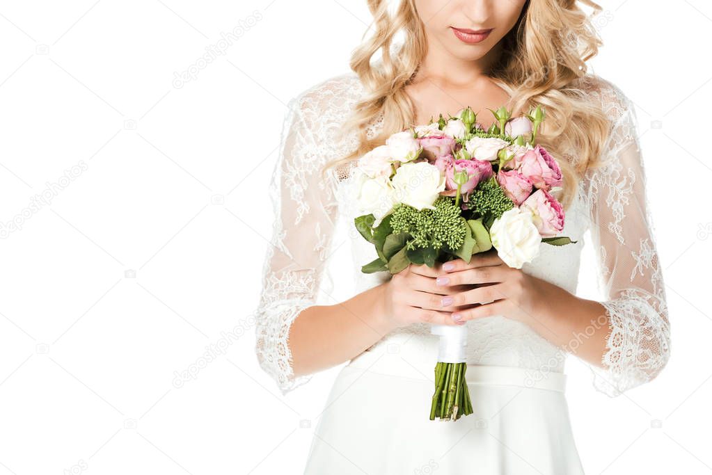 cropped shot of young bride with bridal bouquet isolated on white