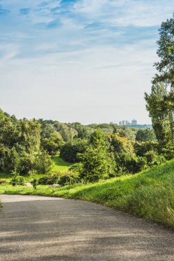asphalt road in green park with landscape on background clipart