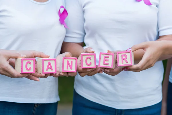 Cropped Shot Women Breast Cancer Awareness Ribbons Holding Cubes Word — Stock Photo, Image