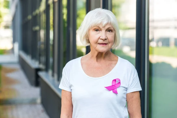 Ανώτερος Γυναίκα Ροζ Κορδέλα Shirt Βλέπουν Φωτογραφική Μηχανή Έννοια Συνειδητοποίηση — Φωτογραφία Αρχείου