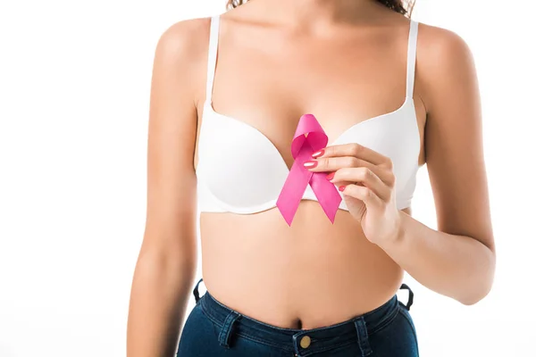 Cropped Shot Woman Bra Holding Pink Ribbon Breast Cancer Awareness — Stock Photo, Image
