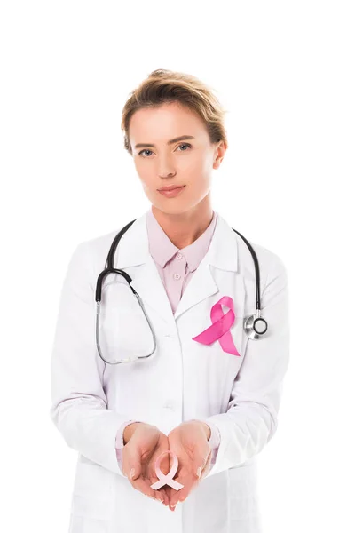 Female Doctor Stethoscope Holding Pink Ribbon Looking Camera Isolated White — Stock Photo, Image