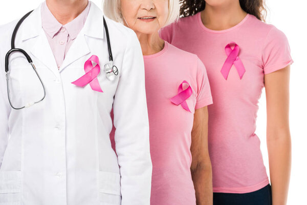 cropped shot of doctor and women with breast cancer awareness ribbons standing isolated on white 