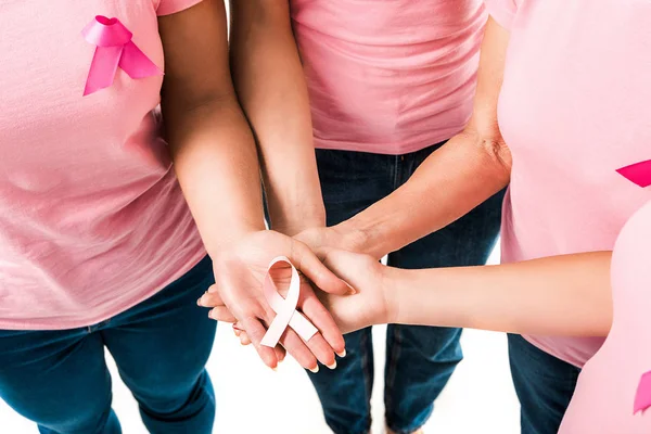 Partial View Women Pink Shirts Holding Breast Cancer Awareness Ribbon — Stock Photo, Image
