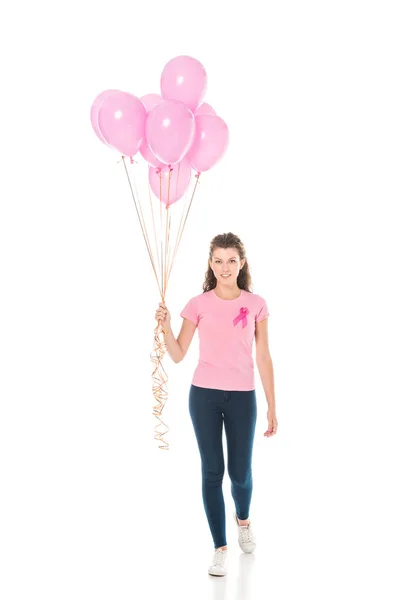 Jonge Vrouw Houdt Van Bos Van Roze Ballonnen Glimlachend Camera — Stockfoto