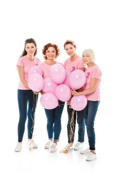 Mujeres Con Cintas Conciencia Cáncer Mama Sosteniendo Racimo Globos Rosados — Foto de Stock