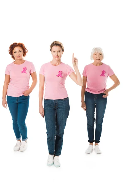 Women Pink Shirts Breast Cancer Awareness Ribbons Looking Camera Pointing — Stock Photo, Image