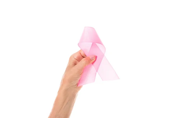 Beskuren Bild Kvinna Som Håller Pink Ribbon Isolerade Vit Breast — Stockfoto