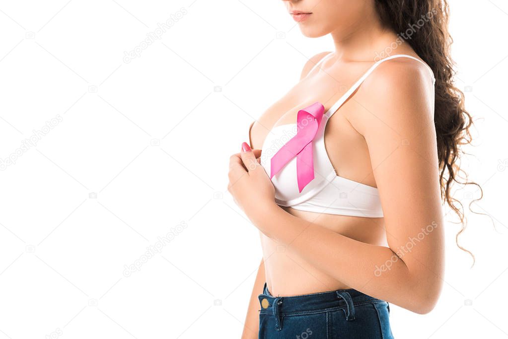 Side View Young Woman Bra Pink Ribbon Touching Breast Cancer Stock Photo by  ©AndrewLozovyi 212561440