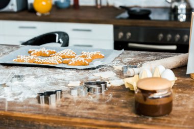 yakından görmek çikolata yayıldı ve lezzetli zencefilli kurabiye pişirme tepsisi üzerinde