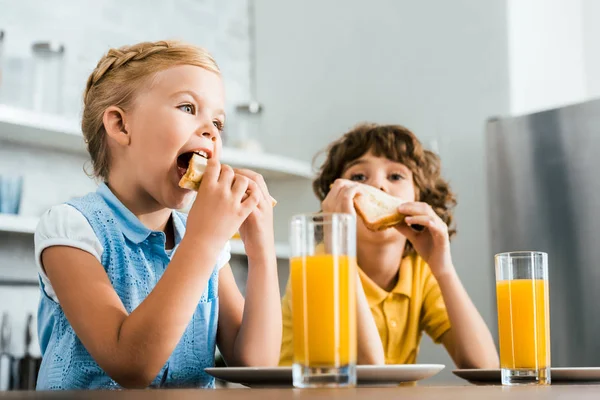 Low Angle View Cute Little Kids Eating Tasty Sandwiches — Stock Photo, Image