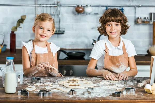 Schattig Gelukkige Jonge Geitjes Schorten Voorbereiding Tatsy Cookies Lachend Camera — Gratis stockfoto