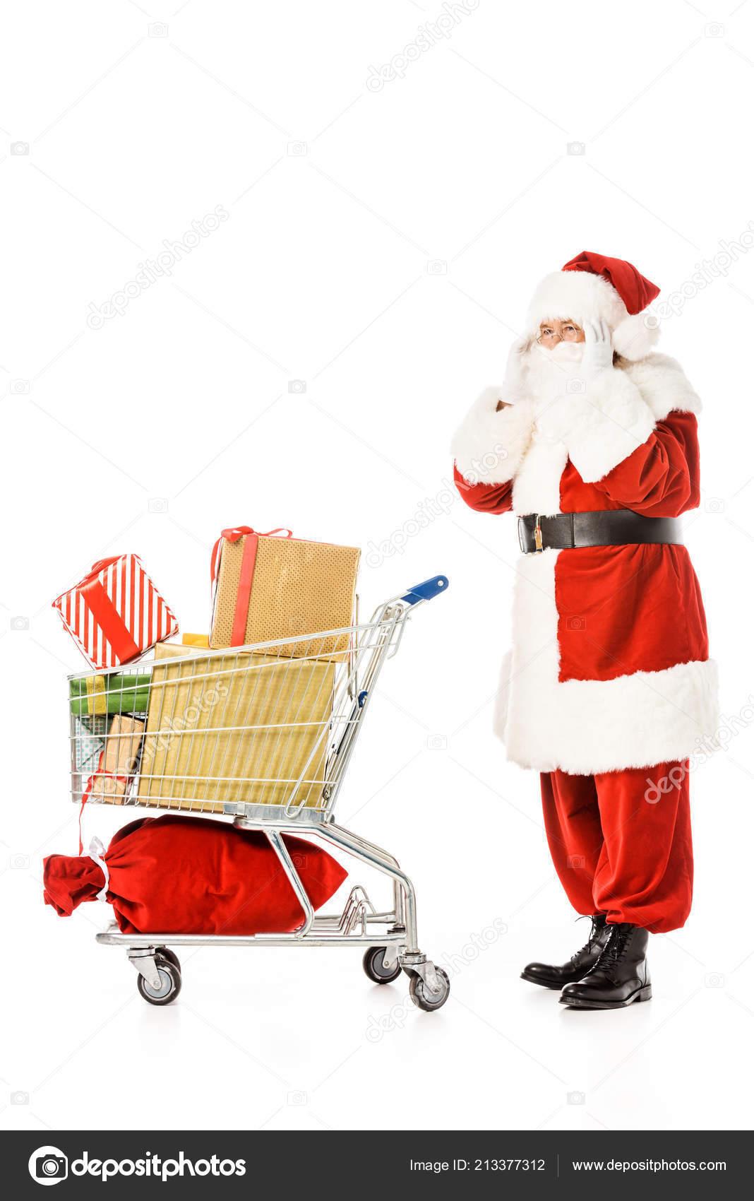 Side View Santa Claus Shopping Cart Full Gift Boxes Looking