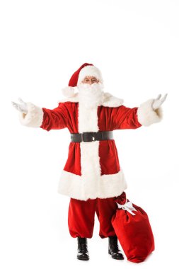 duygusal Noel Baba beyaz izole elleriyle işaret torbayla